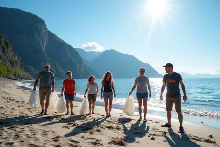 Frivillige rydder engasjert søppel fra en ren norsk kystlinje, med et glitrende hav i bakgrunnen