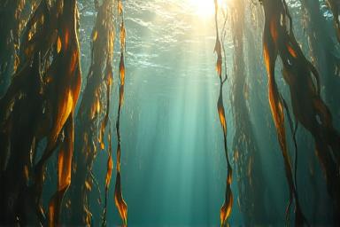 Tapetmotiv av en majestetisk kelpskog med sollys som filtreres gjennom