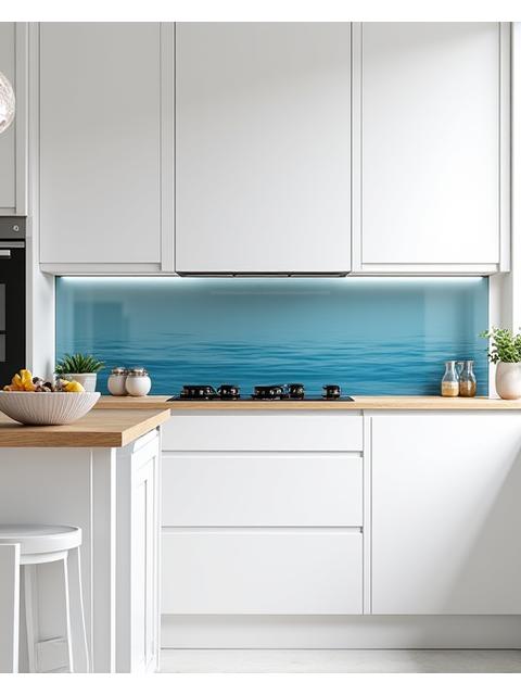 Kjøkken med rene linjer og marine detaljer, blå fliser og treverk som speiler kysten.