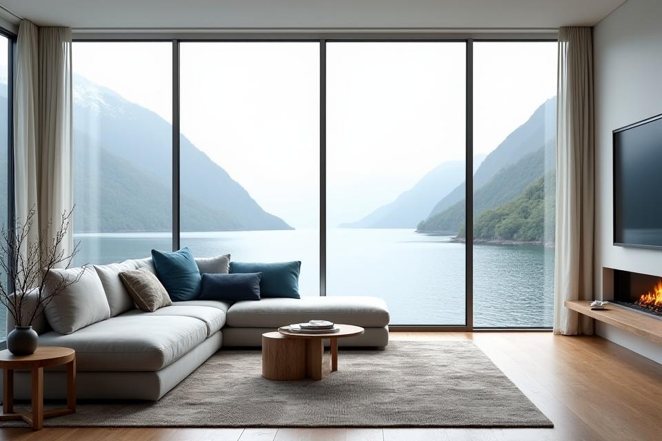 Et moderne marine-inspirert stuemiljø med lyse farger og naturlige materialer, utsikt over Bergen fjorden.