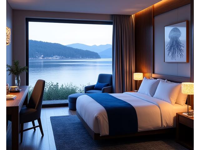 Bilder fra et hotellrom ved sjøen i Vestland, designet av Tang og Tare