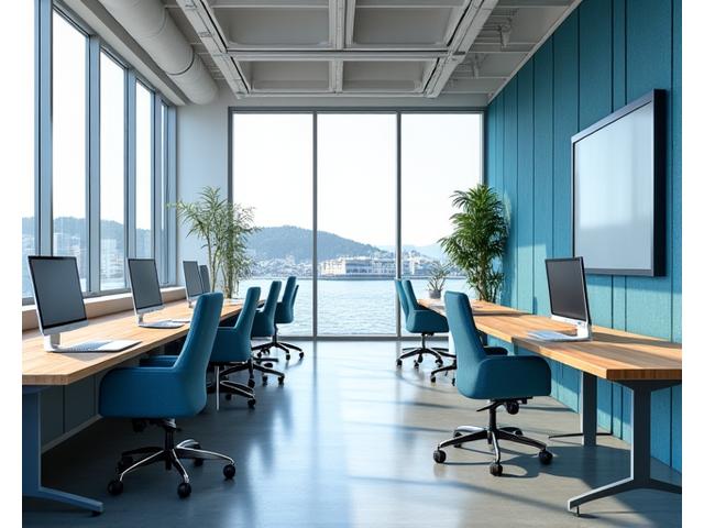 Et moderne kontorlandskap i Bergen med marine farger og dekor