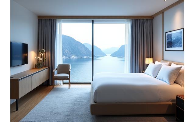 Luksuriøst hotellrom med utsikt over fjorden, innredet med eksklusive marine møbler