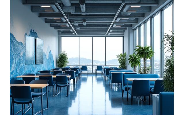 Moderne kontorlandskap i Bergen med maritimt inspirerte møbler og kunst