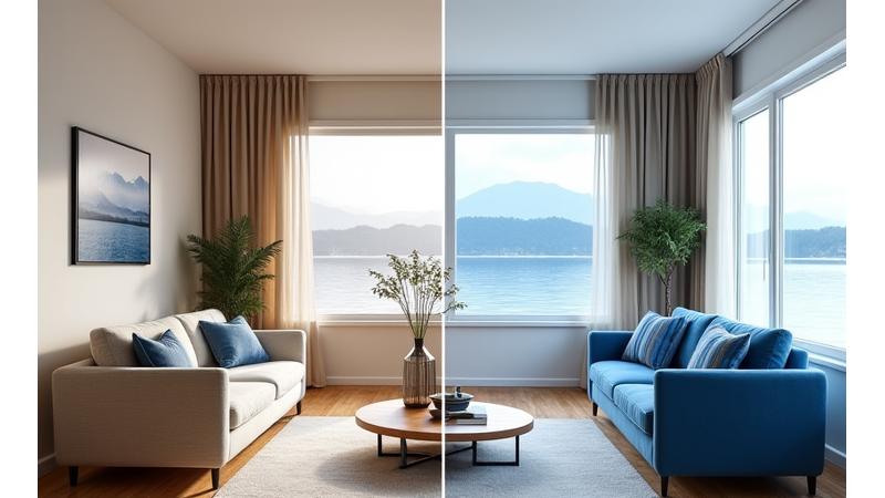 Før og etter av et interiørprosjekt som viser transformasjon av et rom med marine elementer