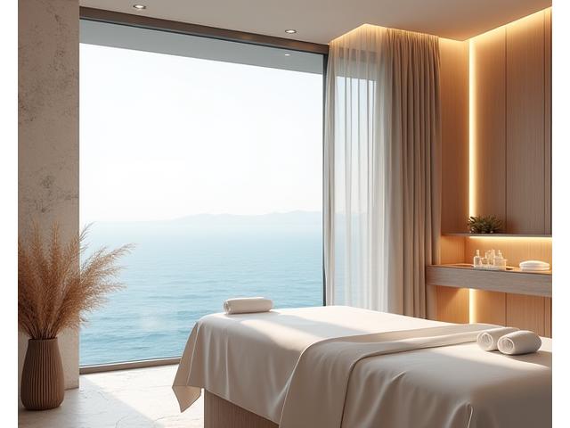 Fredfylt spa-område med Tang og Tare design, beroligende blågrønne farger og naturlige elementer.