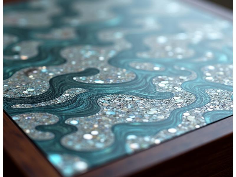 Nærbilde av et luksuriøst bord innlagt med perlemor og håndlaget maritimt mønster.