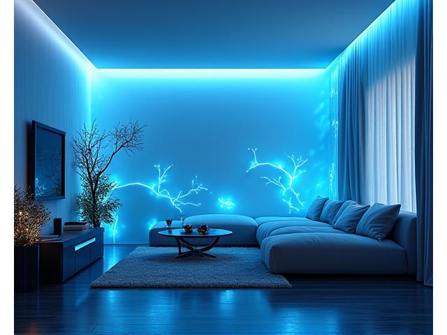 Samme rom etter installasjon av Tang og Tares marine belysning, med en rolig, hav-inspirert glød og kunstneriske lysrefleksjoner.