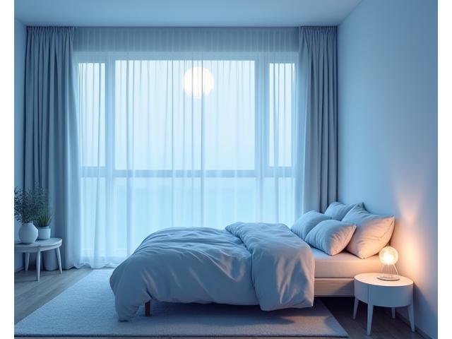 Et rolig soverom med en myk, blågrønn belysning som simulerer månelys over havoverflaten, skapende en fredfull atmosfære for søvn.