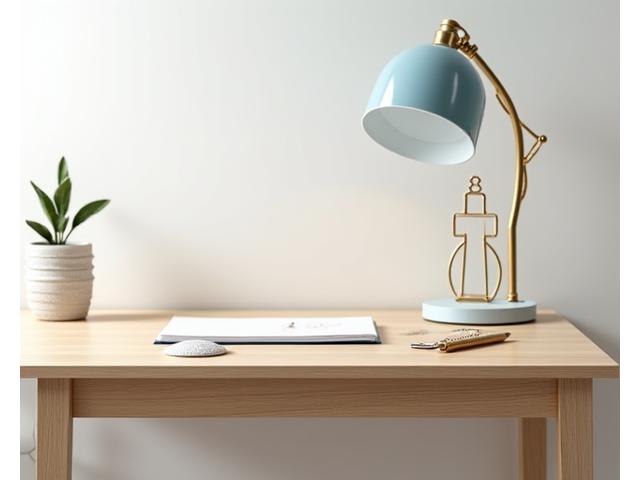 Minimalistisk skrivebord i lys eik med et subtilt, innfelt ankerformet messingdetalj på bordplaten. En maritim lampe står på bordet.