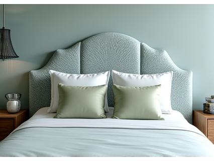 Et rolig soverom med en elegant sengegavl inspirert av korallrev i dempede, lyseblå farger. Sengen er dekket med hvitt sengetøy og pynteputer i sjøgrønne toner.