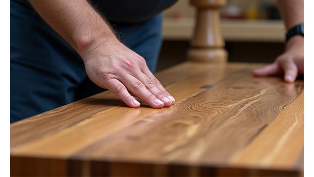 En møbelsnekker inspiserer finishen på et ferdiglaget trebord innendørs, med fokus på detaljer og jevnhet.