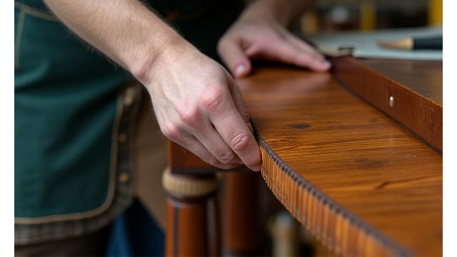Håndverkere i et verksted som forsiktig reparerer en skade på et elegant tremøbel, med fokus på restaurering og kvalitet.