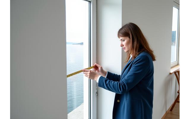 En interiørdesigner måler et vindu nøye med et målebånd i et lyst rom