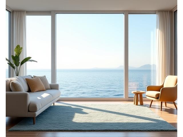 Interaktiv romvisualisering som viser et sjøteppe plassert i en elegant stue med nordisk design og store vinduer mot kysten.