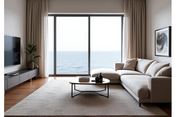 Et sjøteppe som vakkert definerer sittegruppen i en stue med utsikt over havet, med trender innen nordisk design.