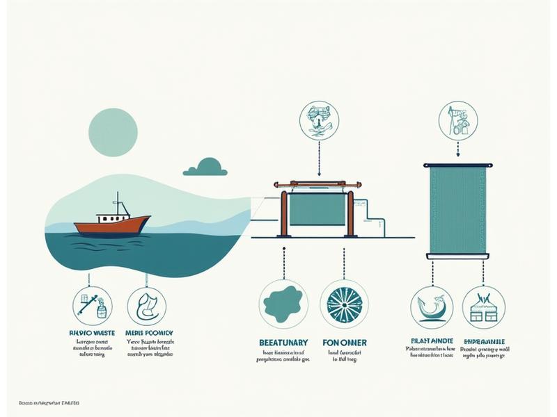 En infografikk som visuelt forklarer prosessen fra havplast til ferdig vevd teppe, med illustrasjoner av hav, resirkulering og veving.